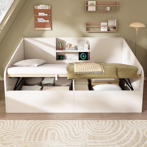 Dolamaní Cama individual de madera de 90 x 190 cm, con somier hidráulico, incluye somier, cama infantil, cama de día, cama de invitados, sofá cama con espacio de almacenamiento, sin colchón (blanco)