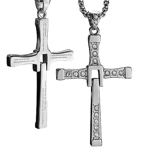 bahamut Fast Diamond Encrusted Cross Pendant Necklace for Men, Motorcycle Accessory with Stainless Steel Chain, Foldable Sports Design, Friendship Gift(Silver Fast Cross)
