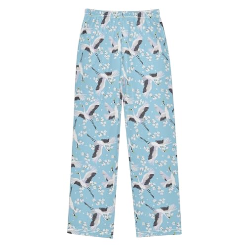 Fly Crane Bird Flowers Boys Long Pants Soft Trousers Elastic Waist Kids Lounge Bottoms with Pockets S-XL
