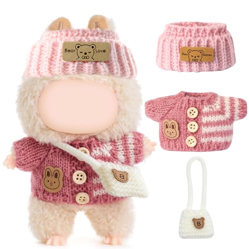 Clothes for LABUBU Doll (NO Doll), Handcrafted Crochet 3-Piece Accessories for LABUBU 17cm Dolls, Premium Outfit - Bunny Sweater + Hat + Bag, Cute Clothes for Dress up Unique Style (Pink)