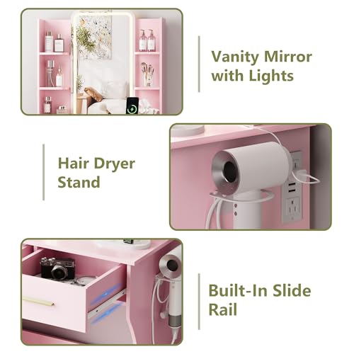 Image of HUANLEGO Small Pink Vanity Desk with Mirror and Lights for Women Girls | Vanity Mirror with Lights, 3 Lighting Adjustable, LED Light Strips, Built-in Power Outlet, Compact Dressing Table For Girls