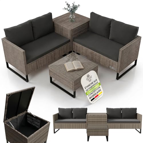 Juskys Coin Lounge extérieur Santorini en polyrotin - Salon de Jardin avec Table Basse et Coffre...