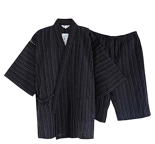 Men's Kimono Japanese Jinbei Shirt and Pant Cotton Linen Loungewear Lounge Set Spa Bathrobe, Style 9 Multicolor