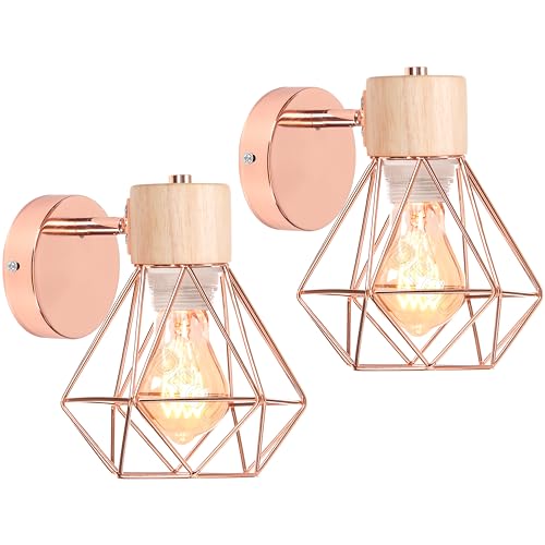 iDEGU 2 Pezzi Lampada da Parete Vintage 16CM Applique da Parete in Legno Metallo Design Gabbia Industriale E27 Illuminazione Interni Lampada a Muro per Camera da Letto Soggiorno (Tipo-B Oro Rosa)
