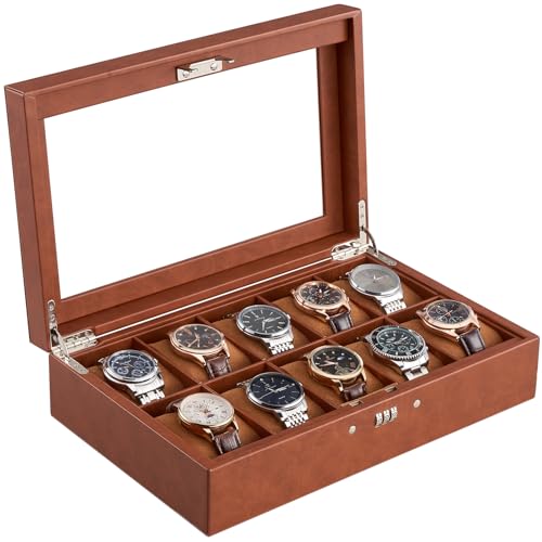 ProCase Lockable Watch Case, 10-Slot Display Storage Box with Glass Lid, Scratch-Free Velvet Lining & Combination Lock, Secure Watch Organizer for Men, Home, Office or Store Display - Brown 