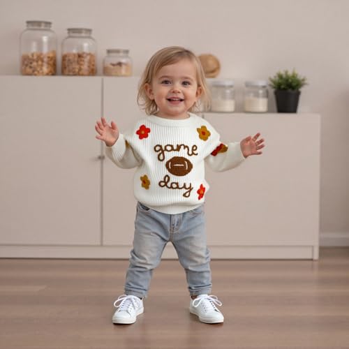 Baby Girl Fall Winter Outfit Game Day Embroidered Long Sleeve Knitted Sweater Chunky Pullover Toddler Football Clothes4