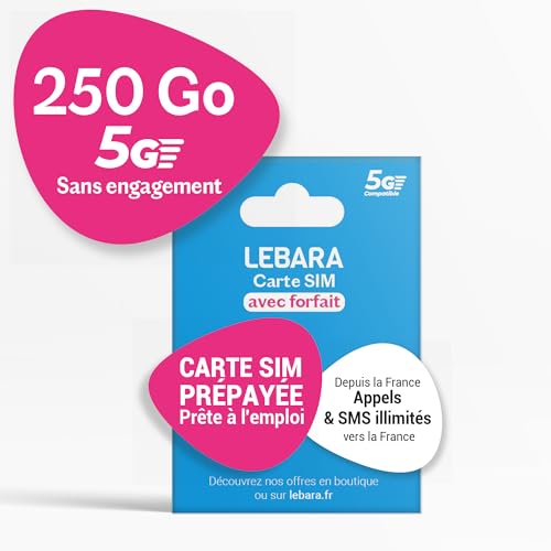 Lebara – Carte SIM prépayée avec Forfait Mobile valable 30 Jours – 250 Go Internet 4G+/5G sur Le réseau SFR – Appels & SMS illimités en France – Activation...