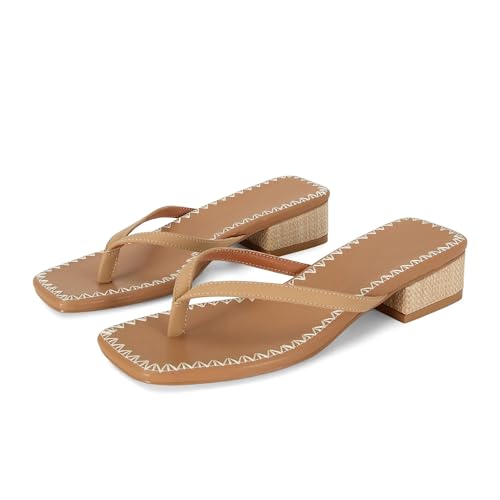DOEYG Raffia Heels Sandals for Women Summer Beach Flip Flops Square Open Toe Flat Heeled Sandals Dressy Comfortable Slip on Thong Sandals3