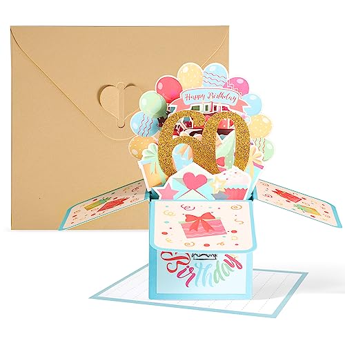 Boxed Pop Up Birthday Cards, Colorful Pop Up Box Birthday Card with Note and Envelope 3D Birthday Cards Happy Birthday Pop Up Box for Women Men, 60th Happy Birthday Pop Up Card