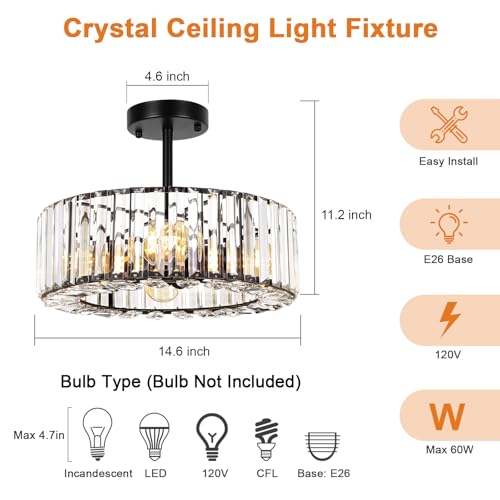 Image of FRIDEKO HOME Semi Flush Mount Ceiling Light - Small Crystal Chandelier Hallway Black Metal Cage Modern Light Fixture for Entryway Bedroom Porch Kitchen (9-Black-4 Light-1pcs-14.56 inch)