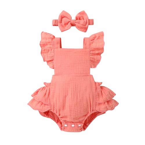 Image of Happy Town Baby Girl Clothes Toddler Summer Linen Romper Sleeveless Ruffle Outfits Infant Girls Jumpsuit with Headband