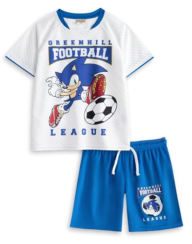 Sonic The Hedgehog Boys Greenhill Football League Kit | White Top & Blue Shorts | Short Sleeve Football Set | Sonic Graphic Sportswear | Sonic Merch - 5-6 Years