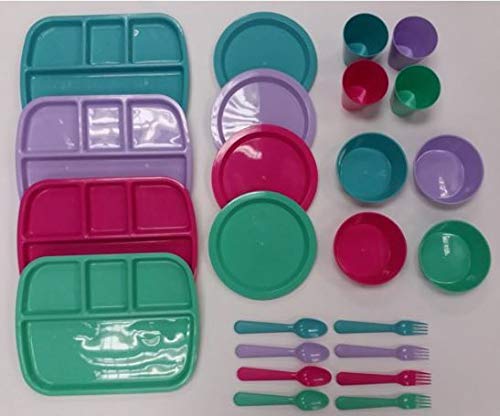 24 pc Kids Dinner Set by Mainstays, BPA free, Microwave/dishwasher safe, toddler snack/meals, mixed colors