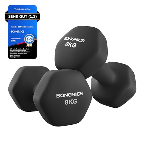 SONGMICS Hanteln, 2er Set, 2 x 8 kg, Hantelset, Kurzhanteln, Hexagon, Neopren-Beschichtung, Krafttraining, Workout, Fitnesstraining, für Zuhause, tintenschwarz SYL180B01