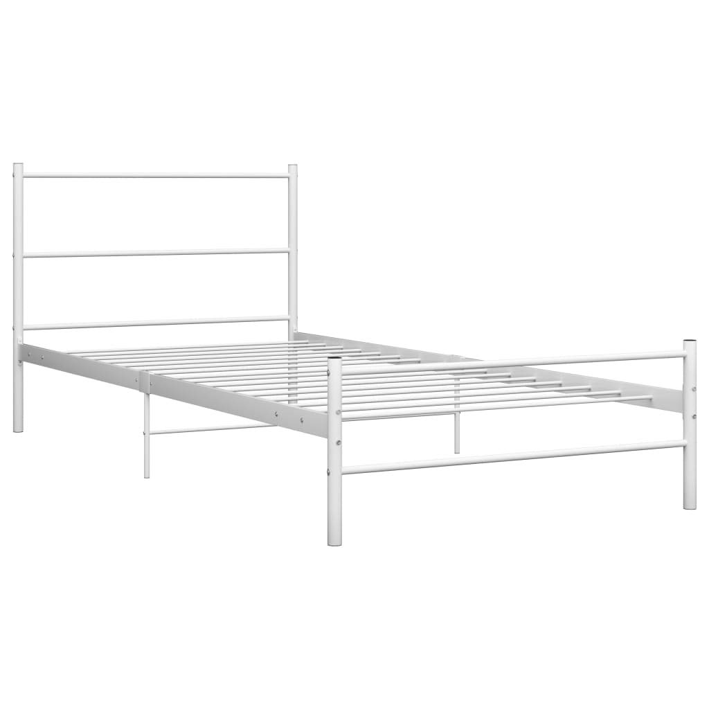 Łóżko białe, metalowe, 90 x 200 cm, stabilne łóżko pojedyncze ze stelażem, malowana proszkowo rama łóżka, zajmujące mało miejsca, meble do spania, wytrzymałe łóżko młodzieżowe, pasująca rama