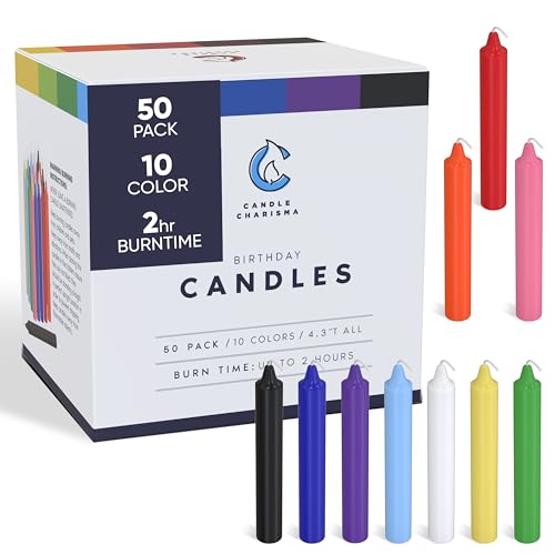 Candle Charisma 50 Multi-Colored Spell Candles - 4 Unscented Paraffin Chime Candles, Smokeless & Dripless Colored Candles, 2 Hours Burn Time 1/2 Inch Taper Candles for Rituals, Witchcraft and Parties