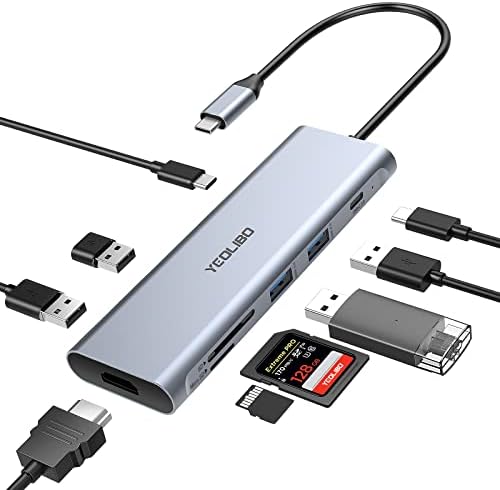 Yeolibo 9-in-1 USB C Hub Multiport Adapter, with 4K HDMI, 100W Power Delivery, USB-C and 3 USB-A 5Gbps Data Port, USB 2.0, Micro SD/SD Card Reader, Hub for MacBook Air, MacBook Pro, XPS, Type-C Device