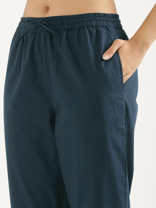 Image of SAADAA Cotton Straight Pants for Women | Breathable Everyday Wear Trousers | Drawstring, Deep Pockets & Elastic Waistband | Casual & Comfortable Fit