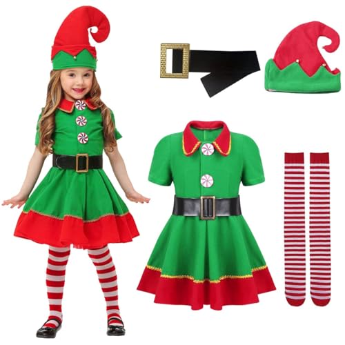 Cadeau de Noël Déguisement Lutin Enfant Ensemble Festif Complet Robe et Bonnet Taille 130 cm