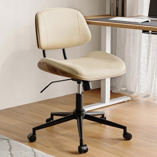 BERYTH Armless Office Chair with Wheels, PU Leather Adjustable Height Desk Chair - 360° Swivel Ergonomic Computer Chair for Small Space, Modern Walnut Style, Home & Meeting Room