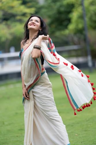 Image of Sudip callection Handloom Mul Cotton Saree for Women - Bottle Green with Pink Border Golden Zari Line & Tassel Pallu