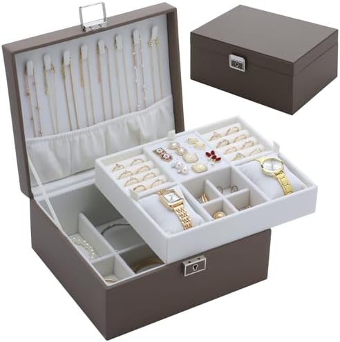 Jewelry Organizer Box for Girls Women,Large Genuine Leather Jewelry Organizers and Storage with Earring Holder Organizer Removable Velvet Jewelry Tray,Christmas Gifts for Mom,Grey