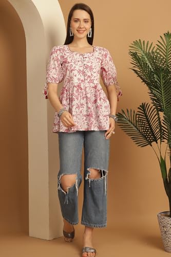 Image of Rajnandini Women's Pure Cotton Jaipuri Printed Short Top (JOPLJPR761-P White & Dusty Pink P)