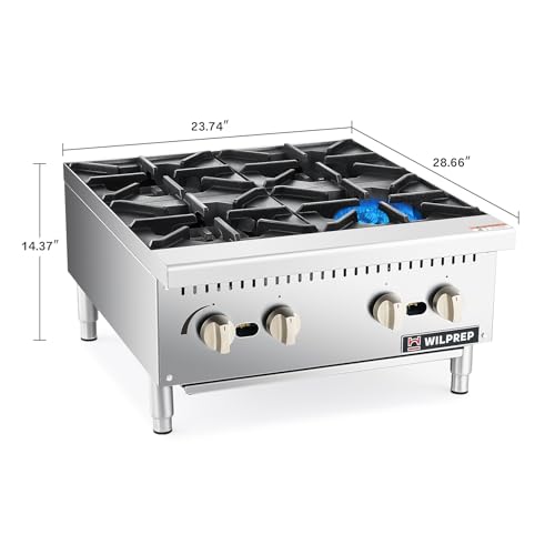 Image of WILPREP Commercial Countertop Gas Range, 4 Burner 100,000 BTU Stainless Steel Gas Cooktop, 24 inch NG /LPG Convertible with Durable Grates, Perfect for Professional Restaurant Kitchen & Catering