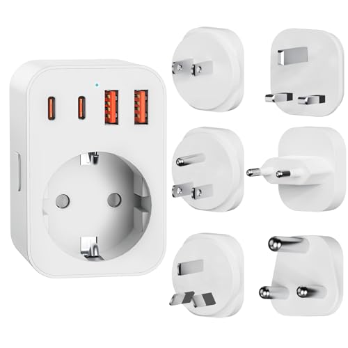 Universal Travel Plug Adapter with 2 USB-C & 2 USB-A Ports - 6 Removable Plugs (Type A/B/C/G/I/M) for Europe, UK, USA, Australia, South Africa, Japan and More