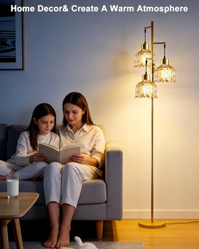 Image of Lightdot 3-Light Lotus Floor Lamp 65'' Dimmable with Brown Glass Shade & E12 Bulbs Included, Mid Century Tall Flower Lamp with 5Lbs Heavy Base for Living Room /Bedroom /Sofa Beside /Corner Decor - Gold