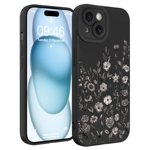 Image of Designed for iPhone 15 Case Flower for Women Girls, Black | Cute Floral Pattern Liquid Silicone Phone Case [Full Camera Protection] Slim Soft TPU Protective Cover