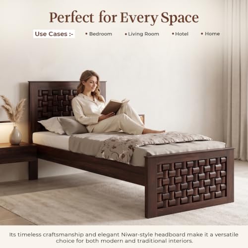 Image of WOODLAB Furniture Sheesham Wood Single Size Bed Without Storage and with Niwar Style Headboard | Wooden Single Cot Bed Palang for Home Living Room Bedroom and Hotel (Walnut Finish)