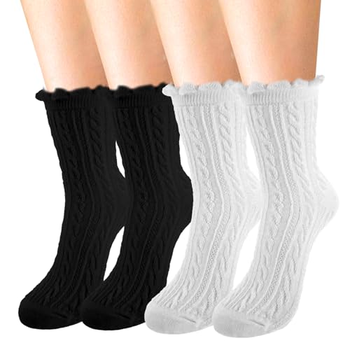 Giantree 4Pcs Women's White Crew Socks - Ruffle & Cable Knit Lettuce Edge Socks