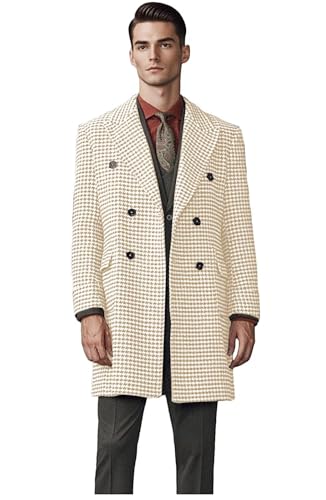ONAXTDA Men's Houndstooth Overcoat Double Breasted Above Knee-Length Fall Spring Coat for Business Casual