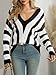 Fisoew Damen Pullover Oversized V-Ausschnitt Strickpullover mit V-Form Gestreift Langarm Durchbrochen Pulli Sweater,Schwarz-1,L