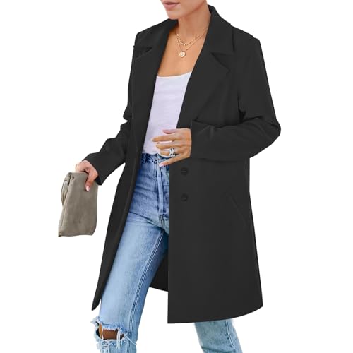 Image of Womens Long Coat Casual Double Breasted Trench Coats Trendy Comfy Lapel Collar Peacoat Cozy Button Down Long Sleeve Plus Size Tunic Sweatshirt with Pockets Trendy Winter Coat Outerwear Black 3XL