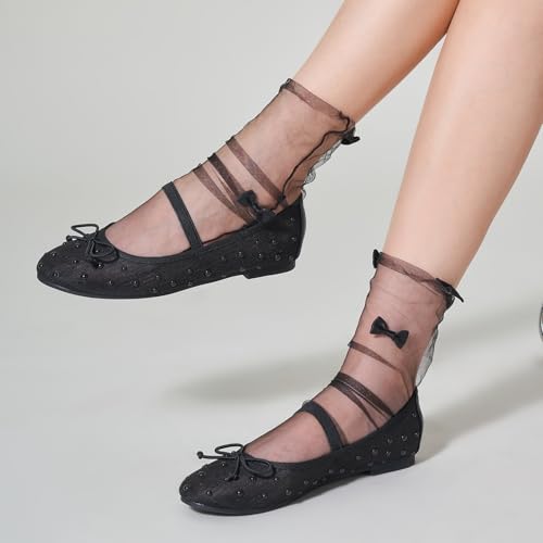 Image of Trary Flats for Women Closed Round Toe Ballet Flats Mary Jane Shoes Women with Elastic Strap Cute Bowknot Comfortable Dress Shoes for All-Year Daily Work Casual Wear
