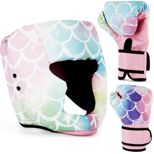 Arrowbash Boxing Headgear and Gloves Set for Kids 6oz Colorful Mermaid Boxing Gloves and Wrestling Headgear Sparring Equipment for Boxing Kickboxing Muay Thai BJJ Karate Training
