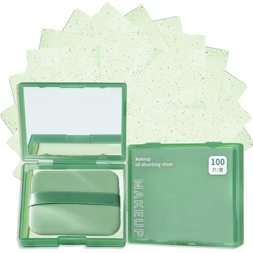 100-Sheets Oil Blotting Sheets for Face with Mirror & Puff - Absorbs Oil, Controls Shine, Portable for Skin Tending & Makeup