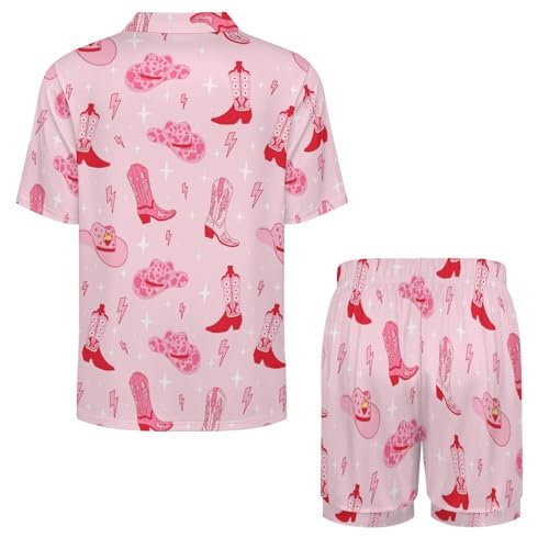 Image of Women Pajamas Shorts Sets Wild West Rodeo Cowboys PJs 2 Piece Button Down Shirt Lounge Pants Set
