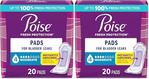 Image of Poise Incontinence & Postpartum Pads for Bladder Leaks, 4 Drop Moderate Absorbency, Regular Length, Packaging May Vary, 20 Count (Pack of 2)
