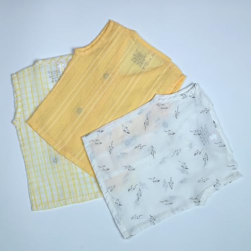 Image of Baby Jabla Set of 3 - Printed Sleeveless Cotton Vests for Newborns & Infants| Soft, Breathable Summer Wear for Boys & Girls (0-3,3-6 Months, Yellow,Stripes Print)