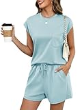Rapbin Womens Loungewear Set 2 Piece Casual Summer Outfit Cap Sleeve Crew Neck T-Shirt and Drawstring Shorts with Pockets Ideal for Vacation Travel Light Blue M