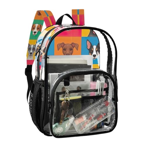 Travel Clear Bags for Women Girls Backpack Kids Boys Approved See through Bag Colorful Dogs Print2