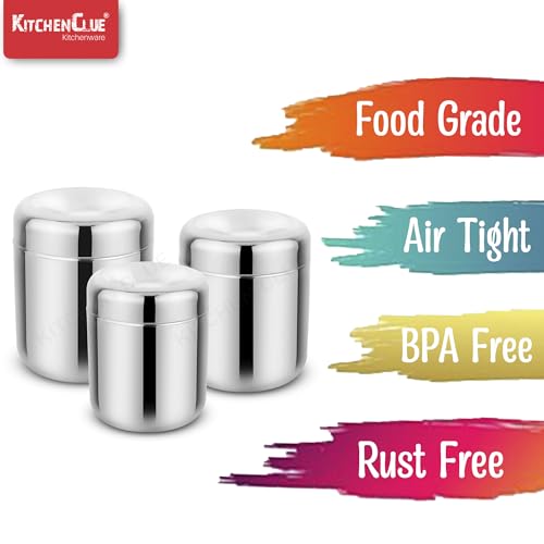 Image of 304 Grade Stainless Steel Canisters /Containers Set Of 3 Pcs (350, 550 & 700ml) Glossy Mirror Finish, Looks Attractive & Elegant - Durable & Unbreakable - Airtight Steel Lid Containers