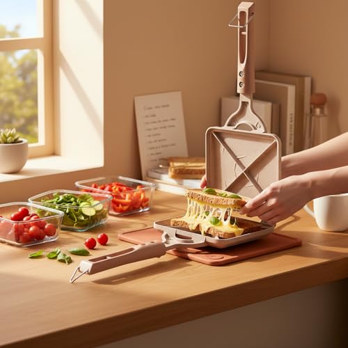 Image of Anjali Biscoff 4-Cut Compact Sandwich Toaster, Non-Stick Sandwich Maker, Fast Heating, Easy-Clean Plates, Durable and Efficient Kitchen Appliance