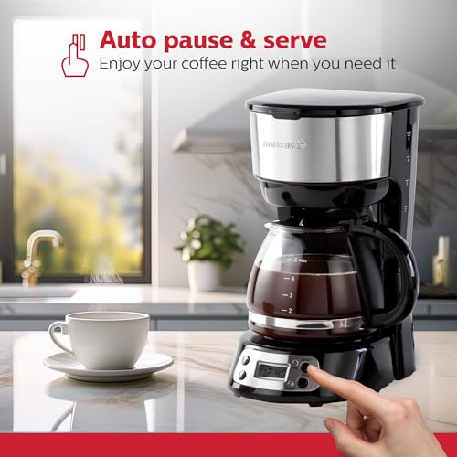Image of Holstein Housewares 5-Cup Programable Coffee Maker, Convenient and User Friendly, Black and Stainless Steel with Auto Pause and Serve Function, Glass Carafe