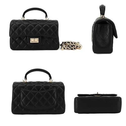 Image of M-ioi-M Small Quilted Crossbody Bag for Women, Genuine Leather Mini Shoulder Flap Purse with Gold Chain Strap & Top Handle