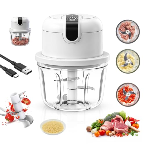 Mini hachoir à oignons électrique - 350 ml - Chargement USB - Sans fil - Petit hachoir à oignons - Hachoir multifonction pour viande, oignons, fruits, ail