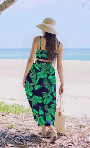 Image of Women Sexy 2 Piece Outfits Dress Chiffon Strap Deep V Neck Bra Crop Top High Split Maxi Dresses Skirt Set
